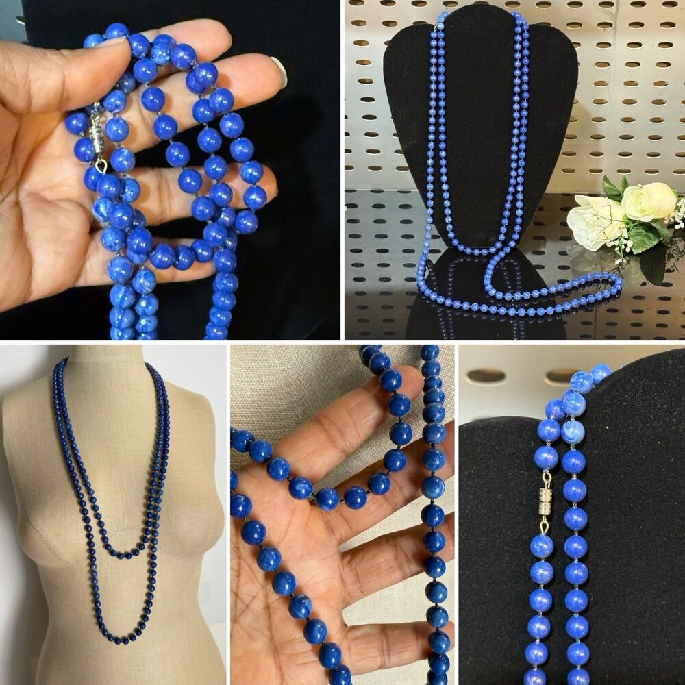 Long Blue Beaded Necklace Marbled Round Beads Double Strand Screw Clasp - Picture 11 of 12